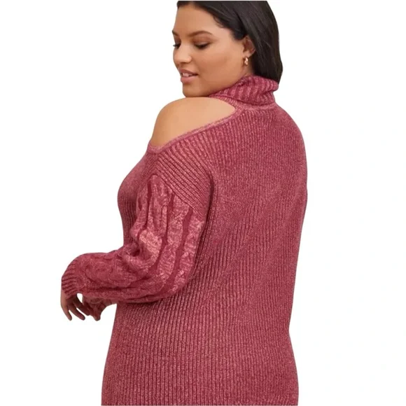 Torrid Maroon Metallic Cable Knit Pullover Cold Shoulder Sweater Size 1X - Picture 2 of 11